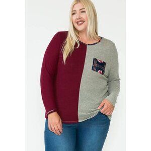 Color Block Long Sleeve T-Shirt With Floral Pocket 3X